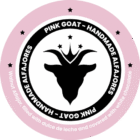 Image of the Pink Goat Handmade Alfajores logo, a brand specializing in handmade alfajores. The design features a black goat with a crown at the center, surrounded by a circular frame with text that includes the brand name and distinctive features of the alfajores, such as the dulce de leche filling and white chocolate coating.