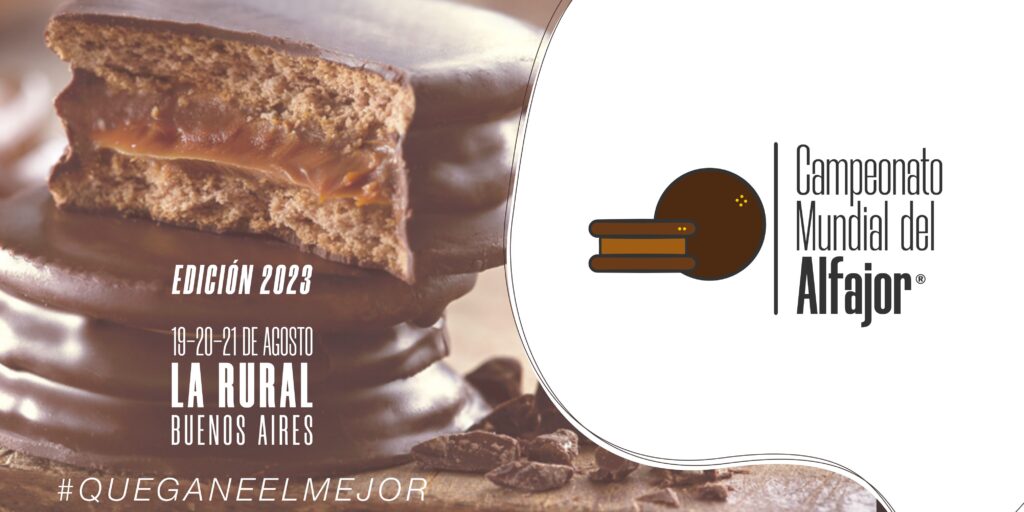 Alfajores de Chocolate negro apilados y el log del mundial del alfajor con los datos de fecha y luegar